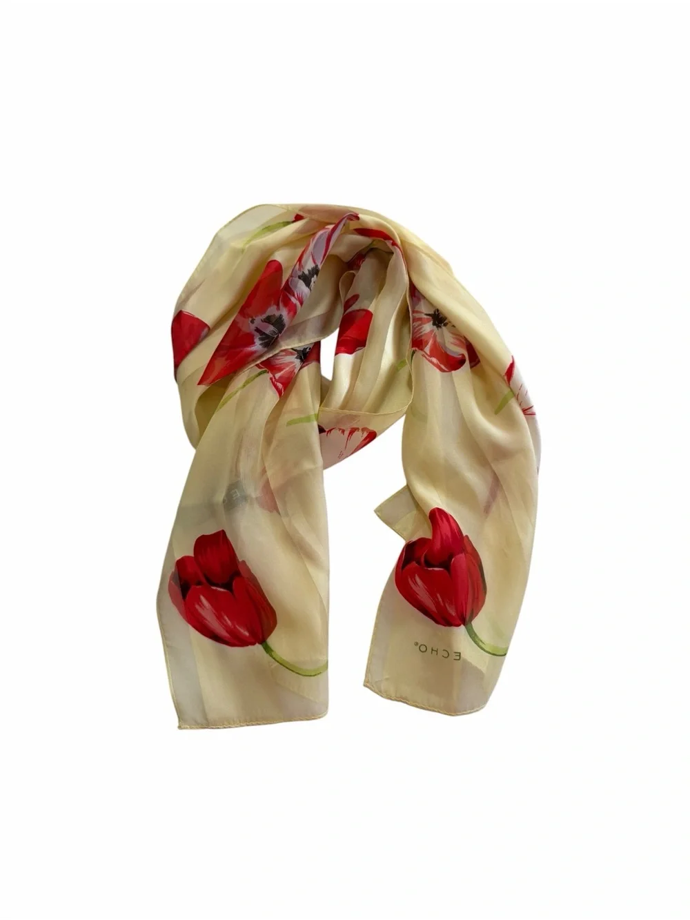 Vintage ECHO Cream Floral Oblong Silk Scarf Red White Tulip Classic Lightweight